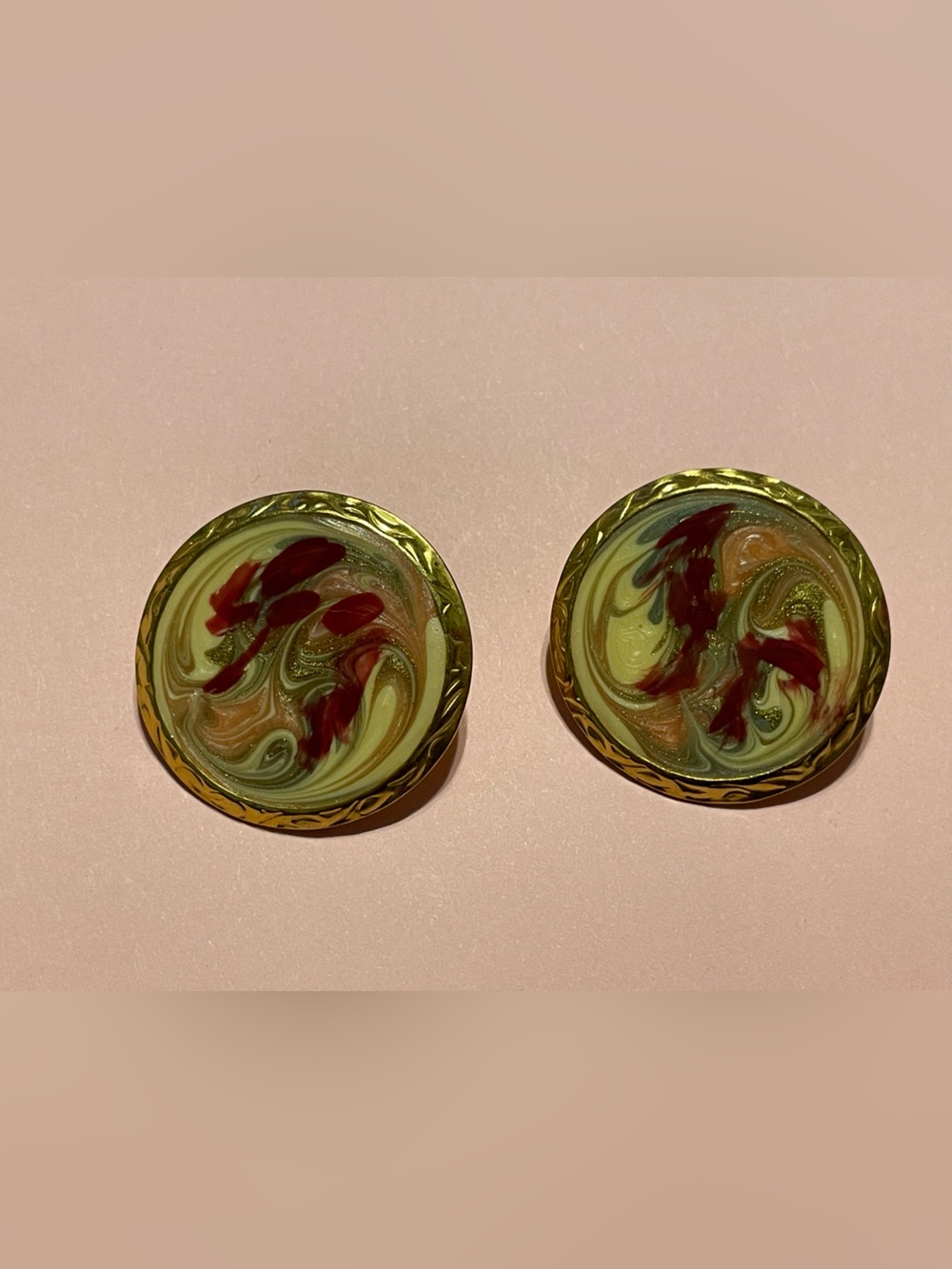 Vintage Gold Tone Swirl Enamel Pierced Round Statement Earrings #7090